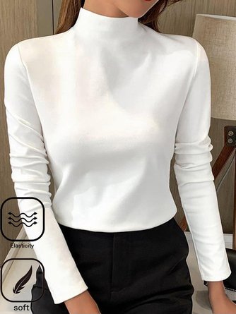 Knitted Half Turtleneck Casual Plain H-Line Long Sleeve T-Shirt