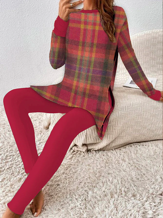 Crew Neck Casual Plaid Two-Piece Set