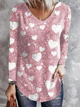 Casual Loose V Neck Heart/Cordate T-Shirt