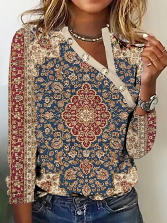 Casual Buckle Ethnic Asymmetrical Collar T-Shirt