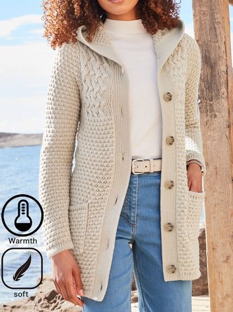 Plain Yarn/Wool Yarn Casual Hoodie Cardigan