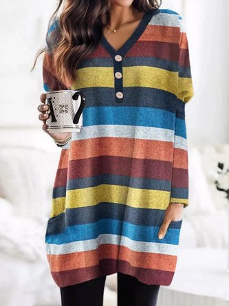 Buttoned Casual V Neck Dress