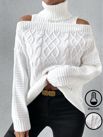 Cold Shoulder Plain Turtleneck Casual Sweater