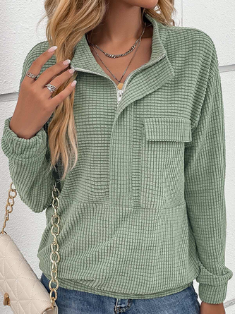 Casual Pocket Half Zip Plain Sweatshirt