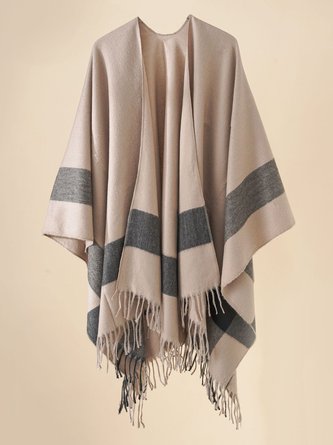 Colorblock Fringe Thermal Imitation Cashmere Shawl Open Front Poncho Cape
