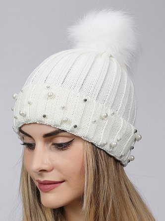 Imitation Pearl Beads Fuzzy Ball Warmth Knitted Hat
