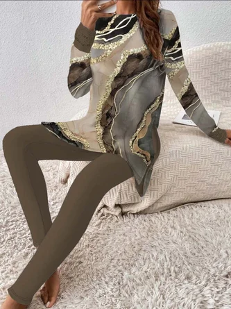 Knitted Casual Loose Jersey Two-Piece Set Crew Neck Long Sleeve Top With Pants