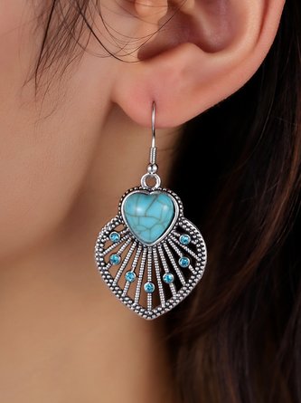 Retro Heart-shaped Turquoise Rhinestone Hollow Out Dangle Earrings