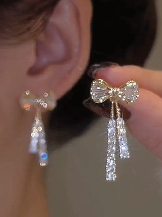 Elegant Rhinestone Bow Tassel Dangle Earrings