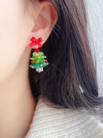 Christmas Tree Handmade Beaded Bow Dangle Earrings