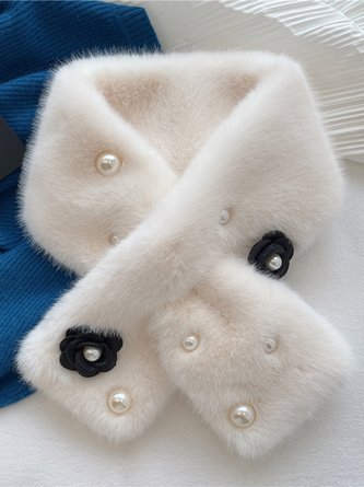 Elegant Imitation Pearls Camellia Neck Gaiter Faux Fur Warmth Scarf