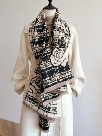 Elegant Camellia Plaid Fringe Imitation Cashmere Scarf