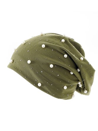 Women Imitation Pearl Hot Drilling Casual Beanie