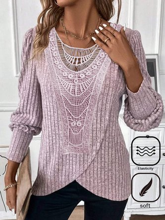 Daily Casual Lace Crochet Design Jersey Crew Neck Loose Plain H-Line Long Sleeve T-Shirt