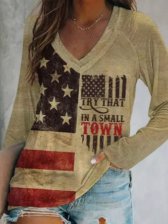 Plus Size V Neck America Flag Casual T-Shirt