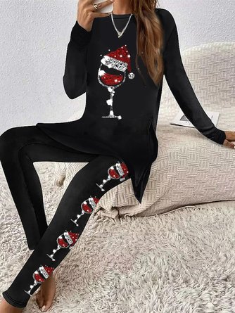 Christmas Wine Glass Jersey Casual Two-Piece Set