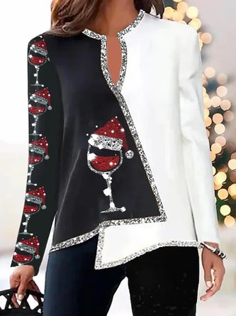 Loose Christmas Wine Glass Casual Shirt