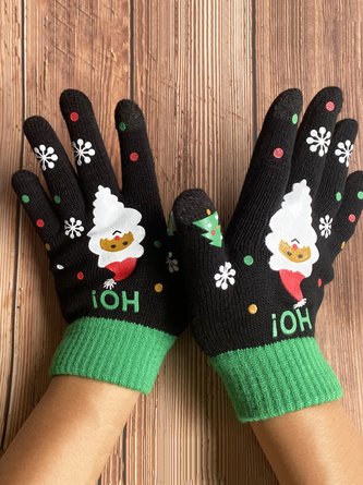 Merry Christmas Cartoon Santa Claus Print Knitted Gloves