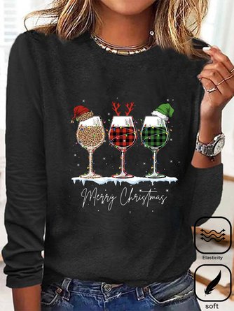 Loose Casual Christmas Wine Glass Crew Neck T-Shirt