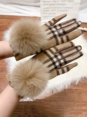 Elegant Plaid Imitation Pearl Fuzzy Ball Gloves