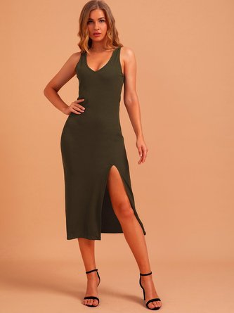 Green Cotton Solid V Neck Casual Knitting Dress