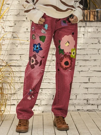 All Season Denim Floral Casual Jeans