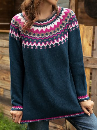 Blue Cotton Color-Block Crew Neck Long Sleeve Sweater