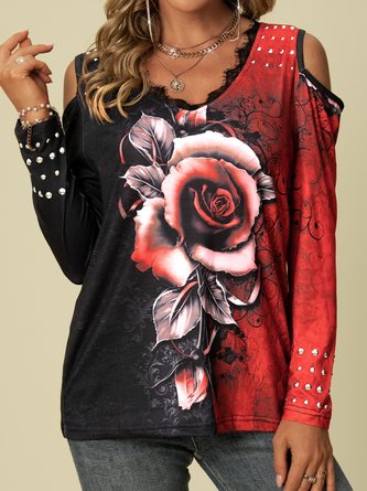 Cold Shoulder Sexy Printed Casual T-shirt