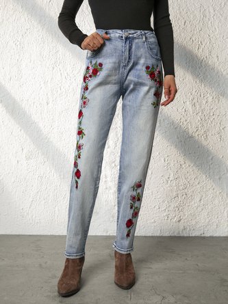Casual Floral-Print Denim Jeans
