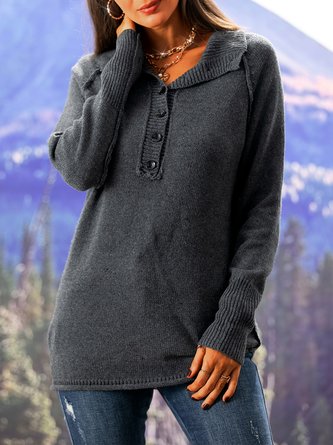 Casual V Neck Solid Long Sleeve Buttoned Sweater
