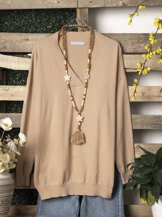 Cotton-Blend Long Sleeve V Neck Top