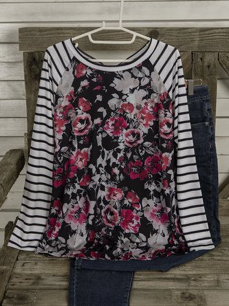Floral-Print Cotton-Blend Long Sleeve Casual T-shirt