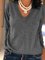 zolucky Gray Plain V Neck Cotton Casual Long Sleeve Spring/fall Shirts & Tops