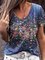 Women's Floral V Neck Floral-Print Short Sleeve Casual T-shirt