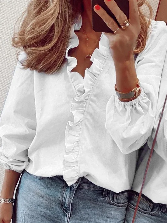 Casual Ruffled V-neck Long Sleeve Top