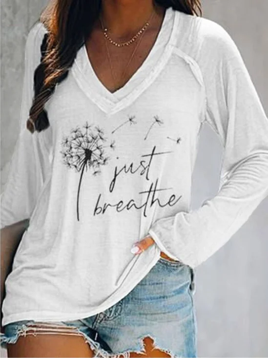 Casual Long Sleeve Floral-Print V Neck T-shirt