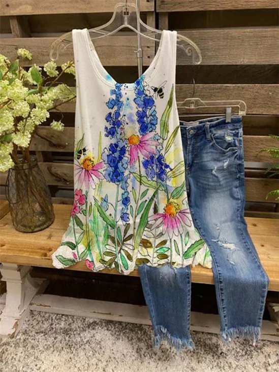 Casual Sleeveless Floral-print Crew Neck Shirts & Tops