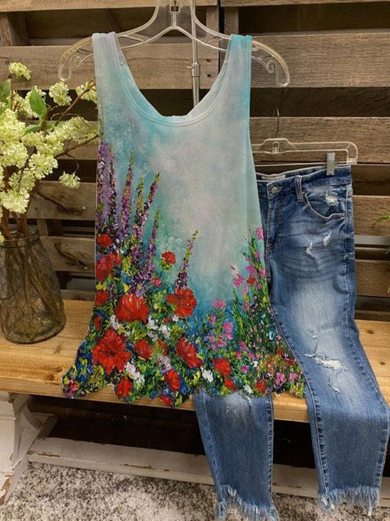 Vintage Floral Printed Plus Size Sleeveless Casual Tops