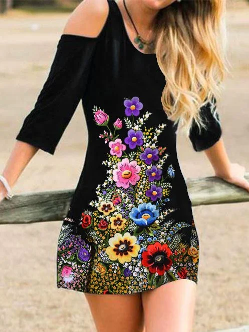 Cotton-Blend Cold Shoulder Floral Knitting Dress