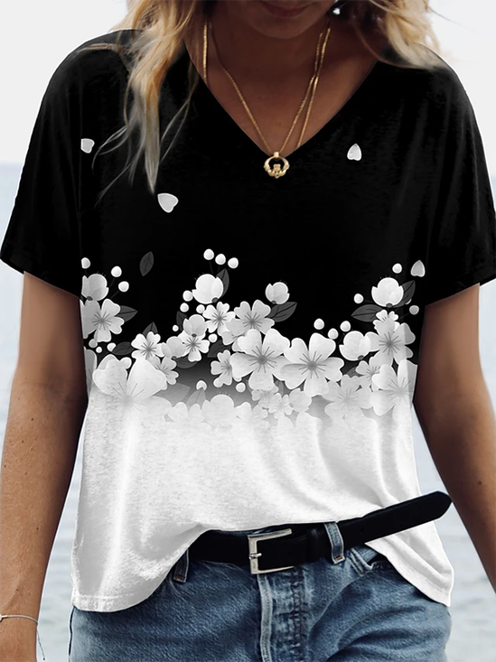 Cotton-Blend Short Sleeve Floral-Print Casual Tops