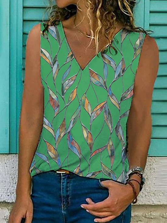 Leaves Sleeveless  Printed  Cotton-blend  V neck Holiday Summer Green Top