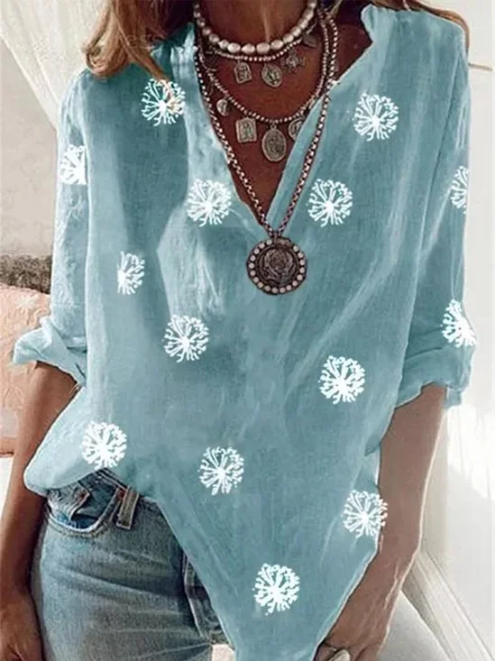 Vintage V Neck Dandelion Printed Casual Top