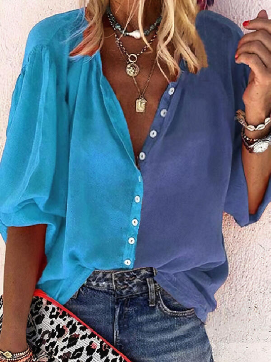 Color-block Casual Half Sleeve Blouse