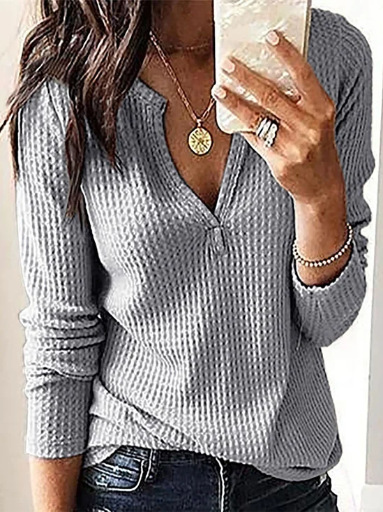 Jacquard Vintage Solid Plain Daily V Neck Loose H-Line Long Sleeve Blouse