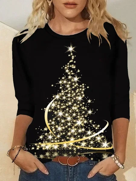 Christmas Tree Print Crew Neck T-shirt Holiday Xmas Jersey Micro-Elasticity Loose Long Sleeve T-shirt