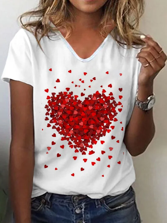 Love Logo V Neck Heart Print Casual Valentine's Day Jersey Loosen Short Sleeve Shirt & Top