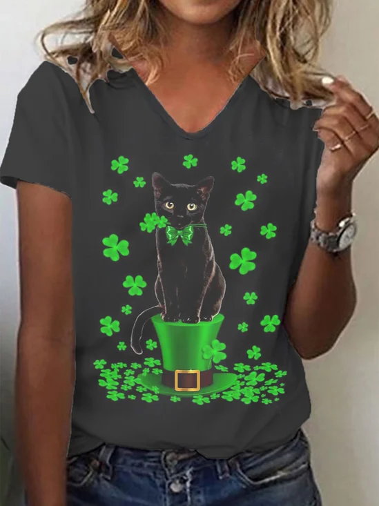 St. Patrick's Day Clover Printed V Neck Short Sleeve T-Shirt