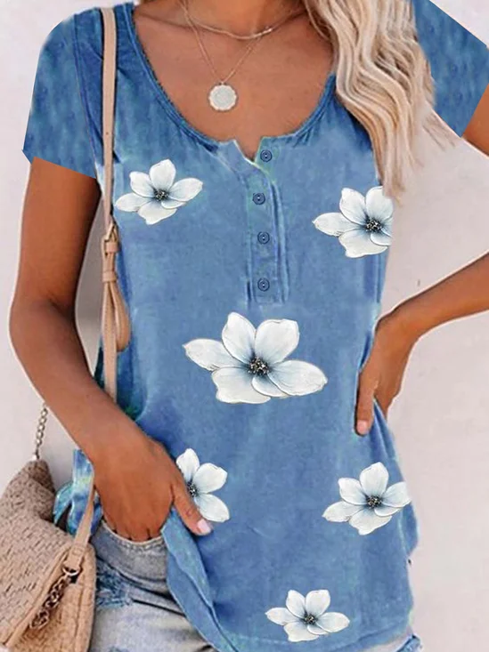 Floral Casual Crew Neck Loosen Buttoned Short Sleeve T-Shirt