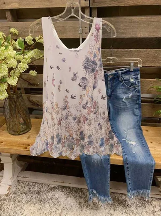 Floral-print Sleeveless Casual Shirt & Top