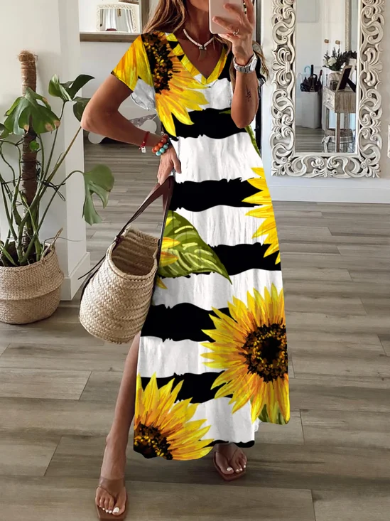 Casual Sunflower Short Sleeve V Neck Printed Dress